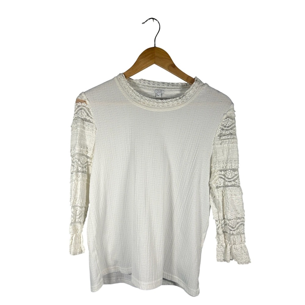Italian Elegant White Lace Trim Sheer Sleeve Textured Top Women's‎ Size L